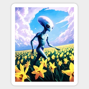 Alien walking through a vast field of yellow daffodils 4 Sticker